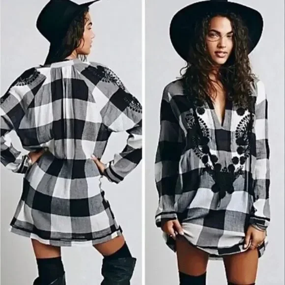 Free People Embroidered & Beaded Buffalo Plaid Gauze
Long Sleeve Tunic Top Sz S - Picture 10 of 13